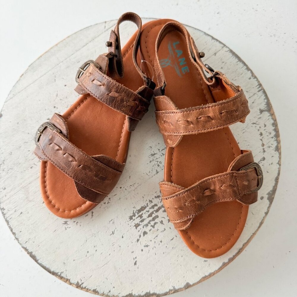 Lane Boots WHISPERWEAVE Western Sandals Brown Cowgirl Slip on Buckle Flats 6